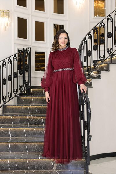 SUBU TASARIM Sena Evening Dress Burgundy Tbsfvm210 Model Men's Shoes