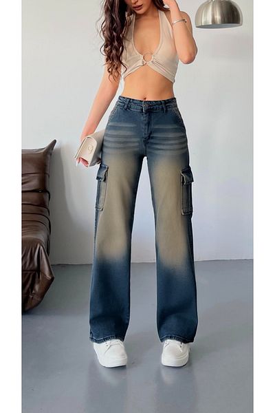 BİKELİFE Vintage-Cargohose für Damen mit hoher Taille - Blasser Effekt, weites Bein