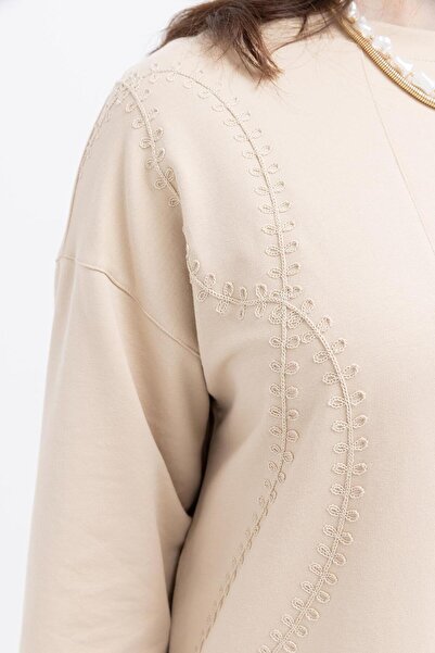 ALLDAY Beige-Embroidered Crew Neck Lycra Plus Size Tunic