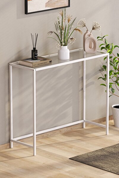 TOLIAHOME Modern Beyaz Renk Şeffaf Temper Camlı Dresuar Metal Konsol