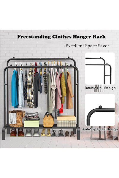 COOYA Floor Coat Rack,Multi-functional Double-rods Design,with Bottom  Strage Rank,for Bedroom,Black