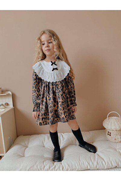 PAPİY KİDS Leopar dessenli önü fistolu kız elbise