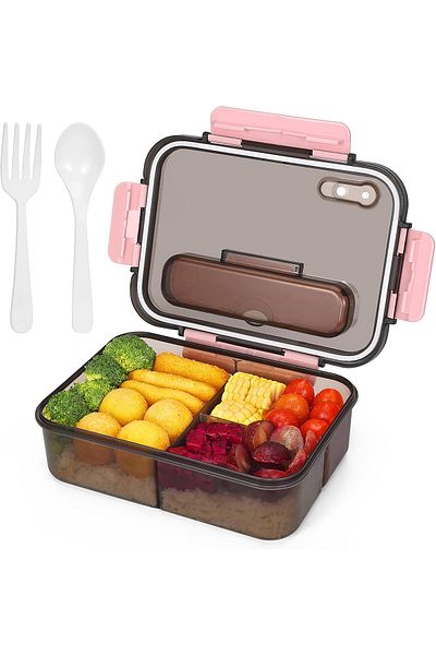 fulina Lunch Box,Versatile 3 Compartment Bento-Style,with Spoon And Fork,1500ML,Durable and Leak-Proof,Pink