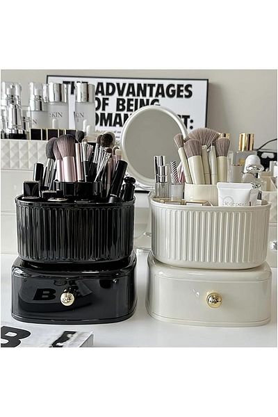 COOYA Makeup Organizer, Large Capacity Swivel Cosmetic Storage Box with Drawer for Bathroom and Desk Top