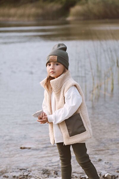 Tarkito Baby Teddy Peluş Çocuk Yelek Dik Yaka Astarlı Ekru