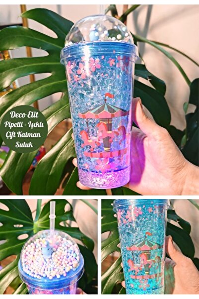 BiTon Toptan زجاجة مياه على شكل دائري مع شفاطة، مظهر زجاجي بلوري، ضوء LED، 45...