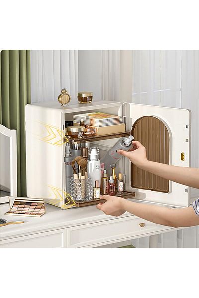 COOYA Cosmetic Storage Cabinet,Dustproof Desktop Skincare Organiser with Removable Partition,Cream Beige