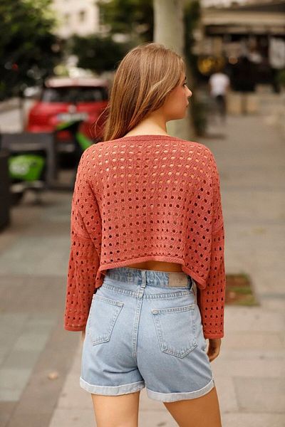 ALCHON Round Crew Neck Long Sleeve Wide Fit Hole Openwork Summer Knitwear Blouse