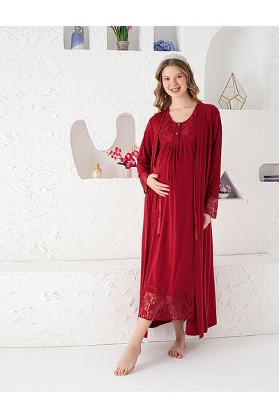 JENİKA Maternity Long Dressing Gown, Openable Buttoned Lace Detailed 2-Piece Nightgown Set