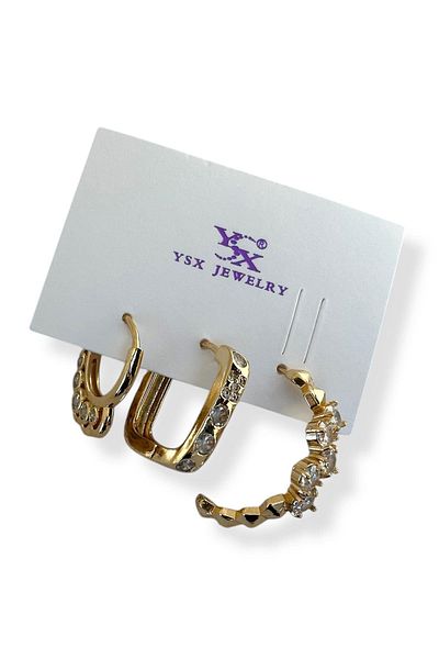 TAKIŞTIR Gold Color Stone Detailed 3-Piece Ysx Earring Set