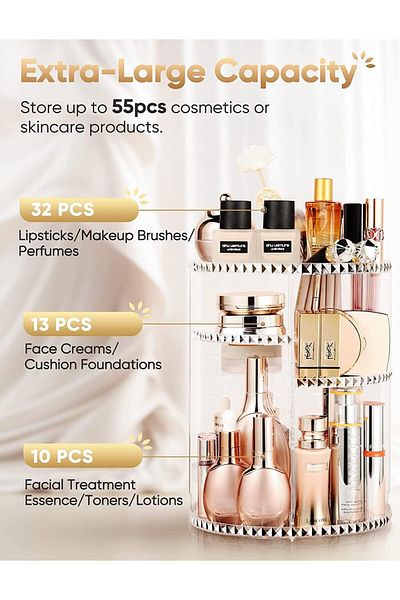 COOYA 360° Rotating Makeup Organizer, Large Capacity Vanity Organizer with DIY Adjustable Trays