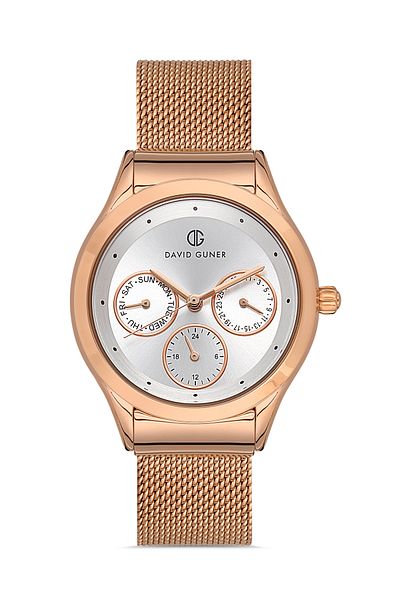 DAVID GUNER ساعة يد نسائية بمينا أبيض وطلاء وردي Dg-8276lc-c1