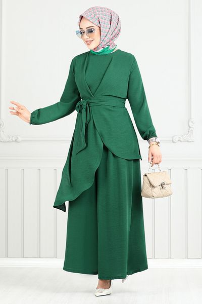 ModaMerve Asymmetric Cut Hijab Suit 4743Znk903-M Emerald