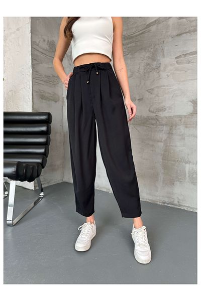 Elif Özbey Butik Black Waist Rope Detailed Pleated Trousers