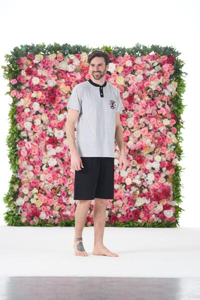 Estiva Men's Summer Crested Short Sleeve Button Capri Combed Cotton Pajama Set