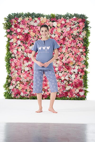 Estiva Women's Summer Heart Patterned Short Sleeve Capri Combed Cotton Lycra Pajama Set