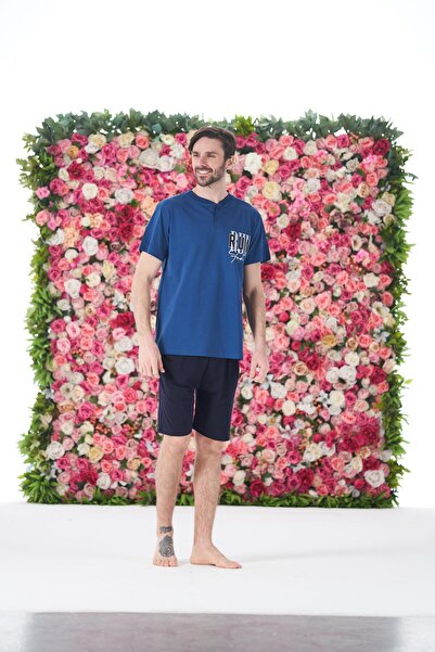 Estiva Men's Summer Run Printed Short Sleeve Button Shorts Combed Cotton Pajama Set