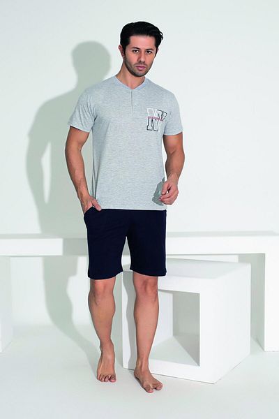 Estiva Men's Summer Ny Printed Short Sleeve Button Shorts Combed Cotton Pajama Set
