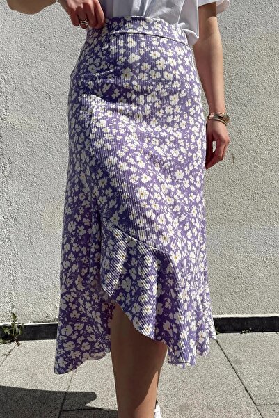 KaSheHa Kadın Viskon Kumaş Çiçek Desenli Volanlı Etek