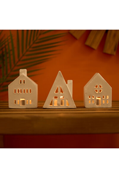 Evidea Deco 3'lü Ev Şekilli Mumluk Seti - Beyaz - 19 cm