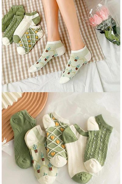DoDe Flora Women's Ankle Length Green Colored Cactus Patterned Embossed Booties Socks Set 6 Pairs Esinti