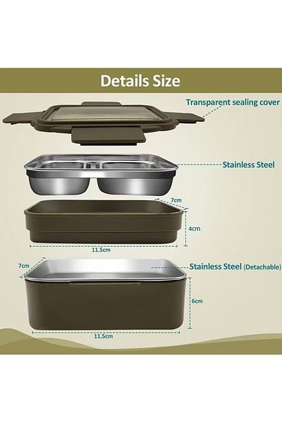 COOYA Lunch Box, Reusable, Stainless Steel, Leakproof, 2 Layers Divders,Suitable Microwave Ovens Heating