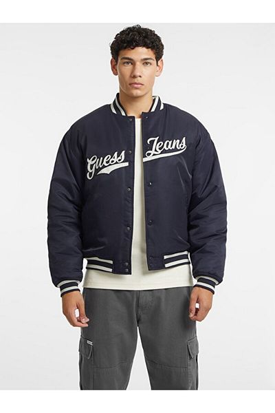 Guess Jeans Men's Logo Navy Blue Bomber Jacket with Snap Fasteners