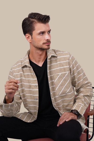 Etikmen Μπεζ Λευκό Ριγέ Oversize Ανδρικό Πουκάμισο