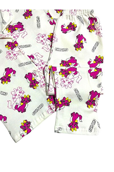Fil Kids Girl's 100% Cotton Ecru Cute Cat Patterned Shirt Collar Buttoned Winter Pajama Set