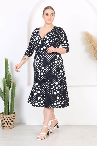 Madwilo Γυναικείο φόρεμα με μπλε ναυτικό πουά με διπλό στήθος, ελαστική μέση σε μέγεθος