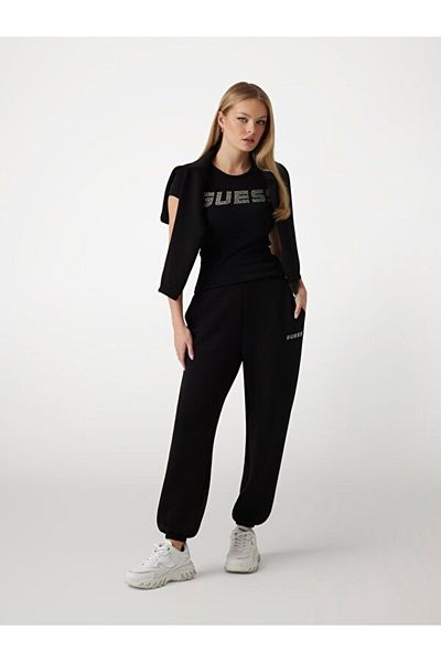 Guess Tricou Maniche Corte Logo Strass Kiara Da Donna Tricou negru pentru femei V4bı16kcıv1-jblk