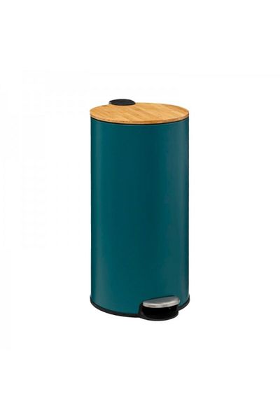 FİVE Metal waste bin with bamboo lid and pedal, Modern Petrol Blue, 30 liters