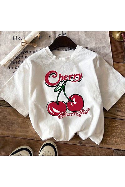 LePold Tricou din bumbac pentru fete cu imprimeu alb cireș