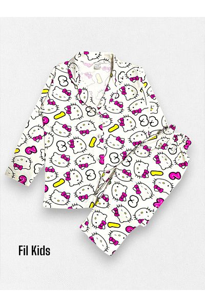 Fil Kids Girl 100% Cotton Hello Kitty Cat Pattern White Winter Pajamas Set