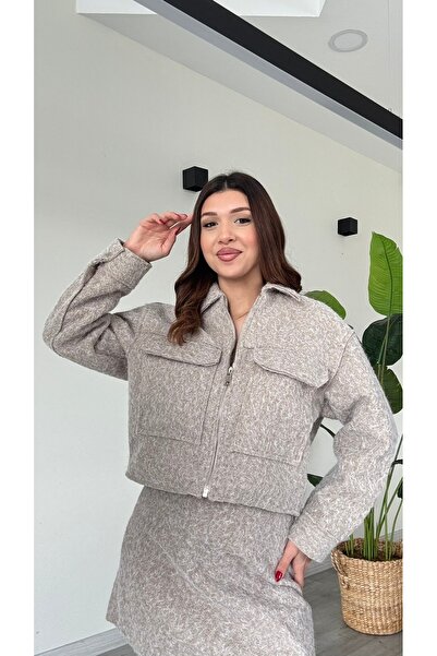 modadagiyim Γυναικείο κοντό μαλακό σακάκι με φερμουάρ κανονική εφαρμογή Polo με τσέπη με πτερύγιο