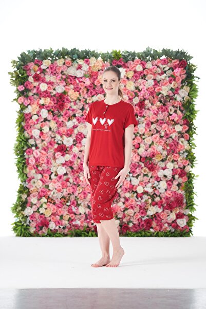 Estiva Women's Summer Heart Patterned Short Sleeve Capri Combed Cotton Lycra Pajama Set