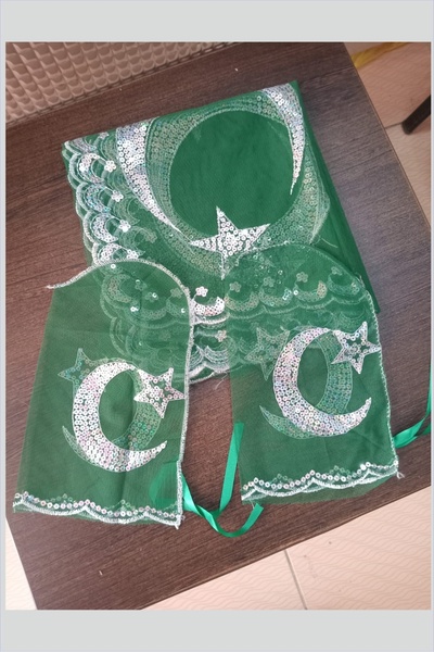 Halay Kına Πράσινο Αστέρι Φεγγαριού Κάλυμμα Χέννα Ασημένια παγιέτα, τετράγωνο δώρο 2 γάντια (100x100 cm)