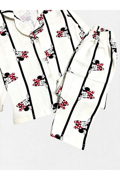 Fil Kids Girl's 100% Cotton Mickey Patterned White Striped Shirt Collar Buttoned Winter Pajama Set