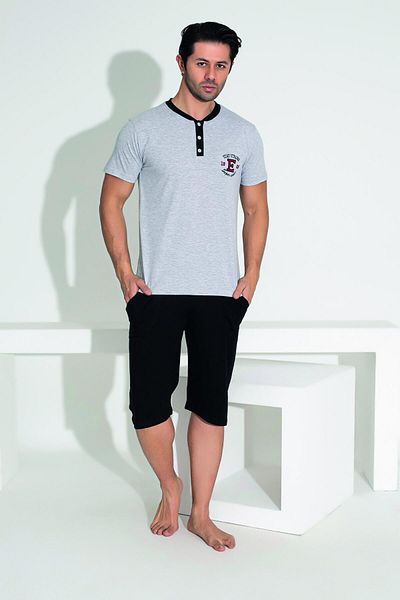 Estiva Men's Summer Crested Short Sleeve Button Capri Combed Cotton Pajama Set
