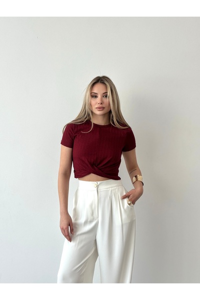 Somut istanbul Women's Burgundy Knotted Crop T-Shirt