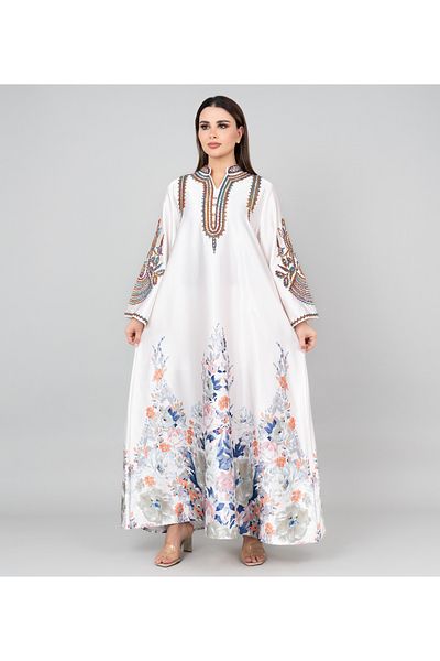 IKKXA Floral Printed Crystal Embroidery Jalabiya