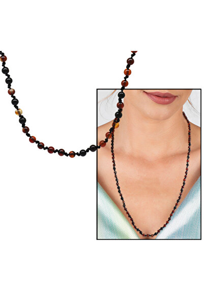 Tesbihane Macrame Braided Red Agate Natural Stone Women's Necklace