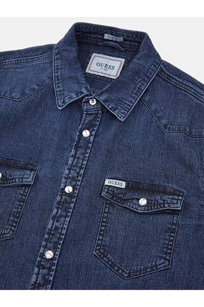 Guess Normal Gömlek Yaka Düz Mavi Erkek Denim Gömlek M4RH02D3PF4CRES_TRUCKEE L/S SHIRT -