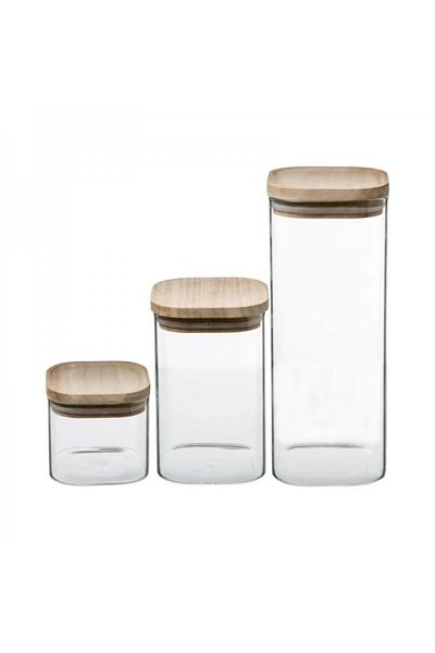 FİVE Set of 3 glass containers with wooden lids, Hermet