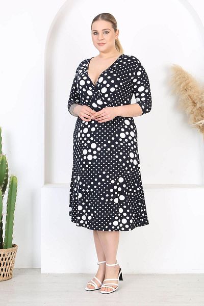 Madwilo Women's Navy Blue Polka Dot Pattern Double Breasted Neckline Stretchy Waist Plus Size Dress