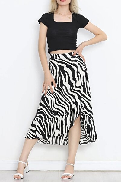 KaSheHa Kozmik Beyaz Zebra Desenli Asimetrik Kesim Yırtmaçlı Volanlı Midi Ete...