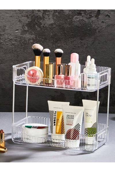HOMEU 2-Tier Crystal Makeup Organizer, Aluminum Legs, Multi-Purpose Jewelry, Makeup, Bathroom Organizer