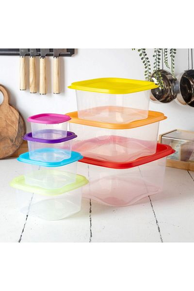 Layrol Set of 7 Colorful Square Food Storage Containers - Suitable for Microwave and Deep Freezer