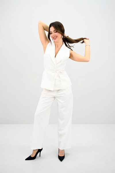 Koza Butik Жіночий комплект жилет з кружевим коміром і зав'язкою на талії 0124-25