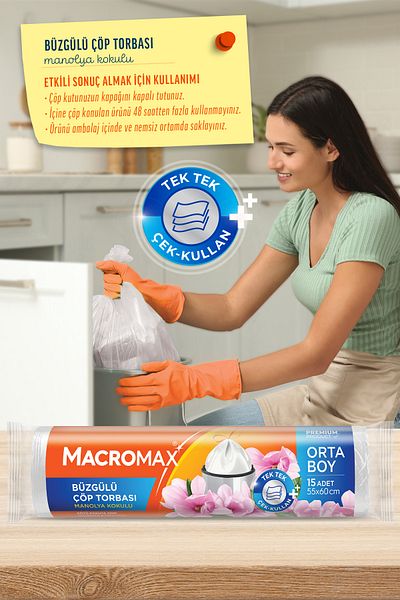 MACROMAX كيس قمامة ماجنوليا برباط مقاس متوسط ​​15 قطعة